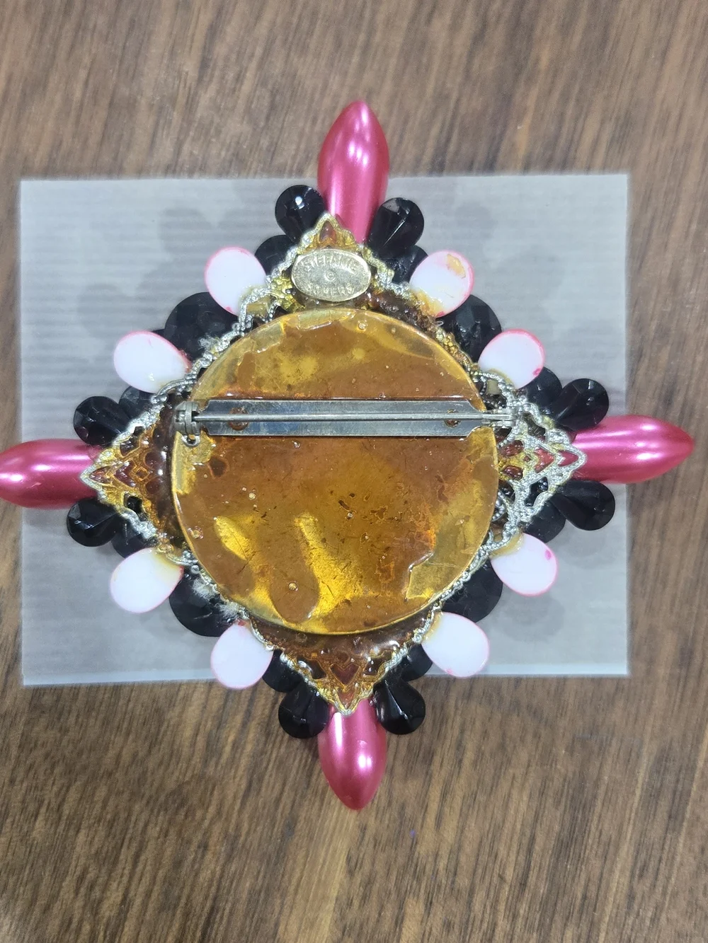 Stefanie Somers Vintage Crystal Pageant Statement Brooch Pin AB Pink Black